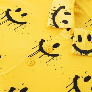 Suntasy Dry Fit Polo Golf Shirt,Yellow and Black Smiley Face Prt., NEW, Small